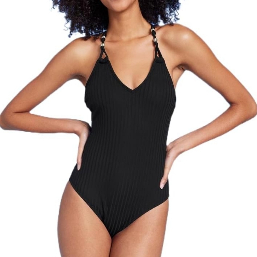 NWT Shade & Shore Black Ribbed Bead Knot One Piece Swimsuit Size Small